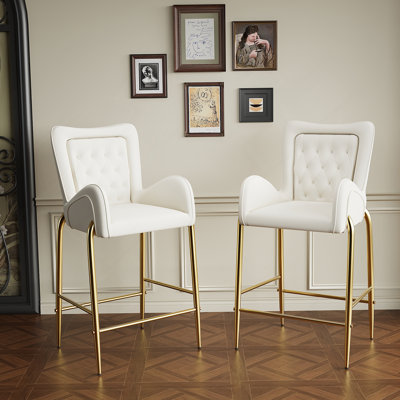 Ensemble de 2 tabourets de bar à hauteur de comptoir 28,75 pouces, tabourets en velours avec pieds et repose-pieds dorés, blanc