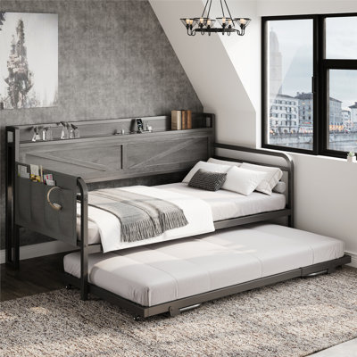 Twin Daybed with Pop Up Trundle, Built-in Charging and Storage, Strong Metal Support, Charcoal Gray