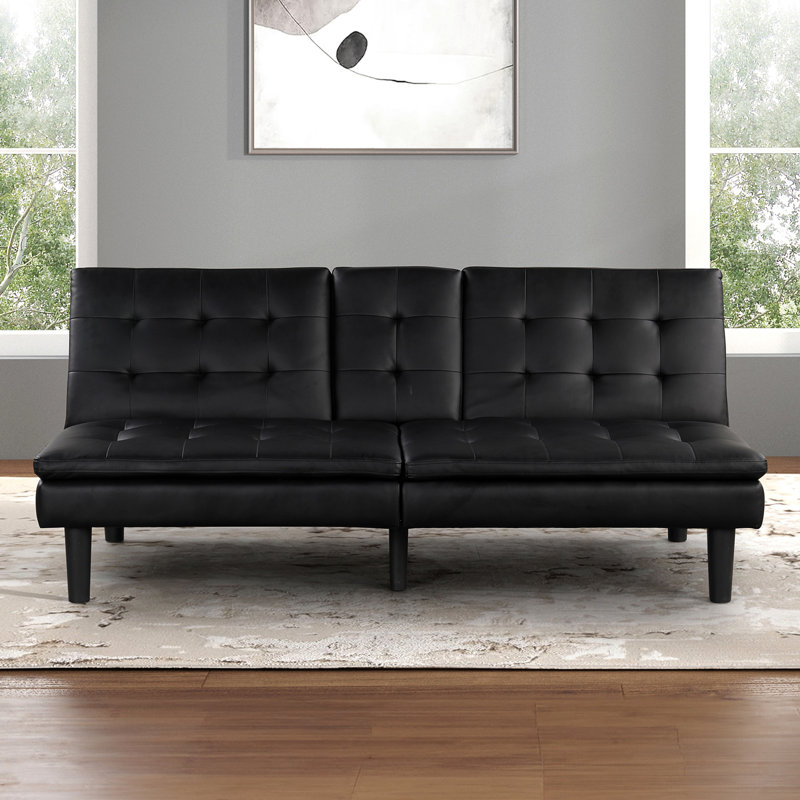 Futon noir de style contemporain qui se transforme en lit, coussins, coussins, table d'appoint et porte-gobelets, dossier de siège l 71,5 po x P 35,5 po, avec