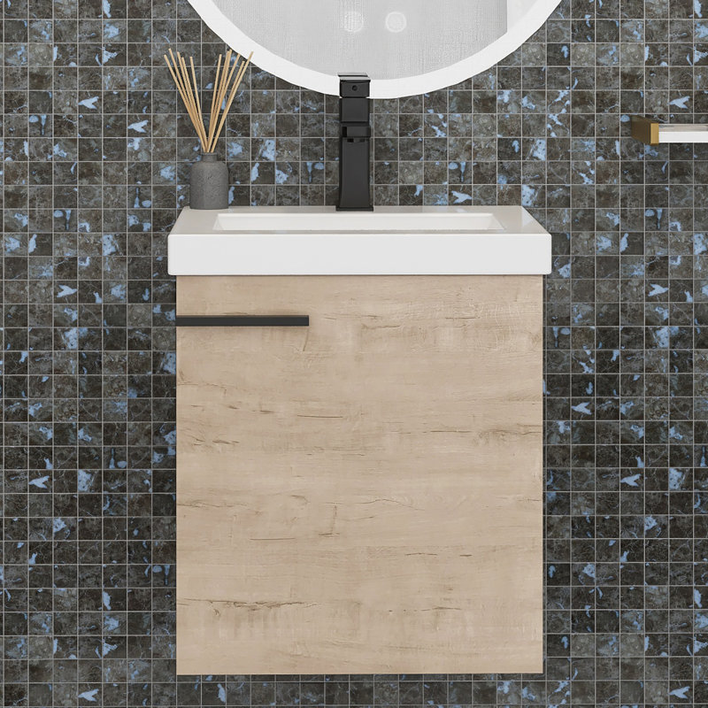 Meuble-lavabo mural simple 18 po avec comptoir en céramique Delberta, Imitation chêne