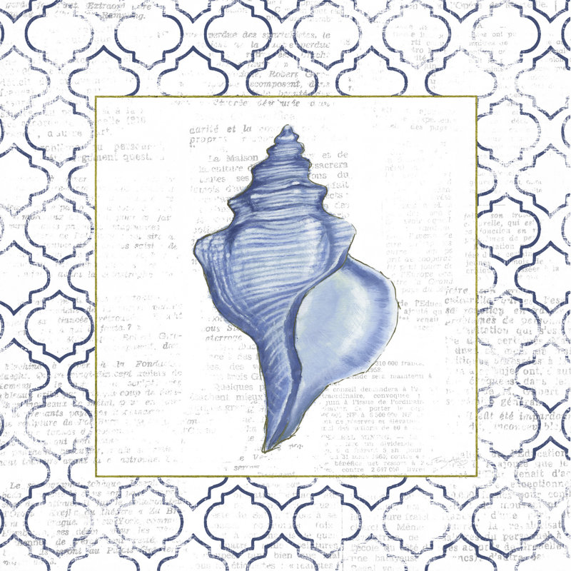 Conque de coquillage, fond à motifs gemmétiques sur fond blanc, H 26 po x l 50 po x P 1,5 po