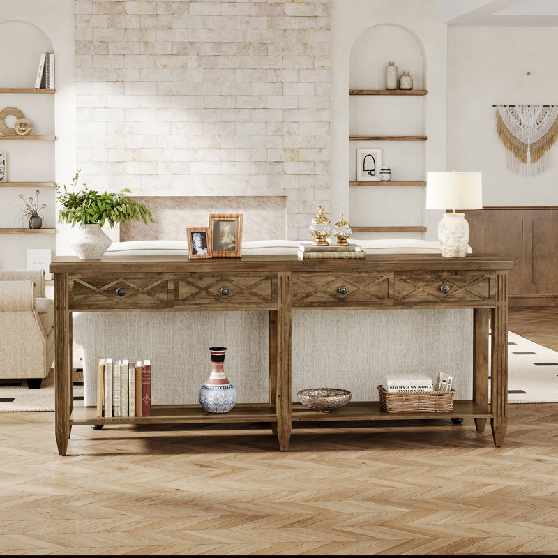 71-Inch 4-Drawer Extra Long Console Table, Farmhouse Sofa Tables with Bottom Storage Partition,