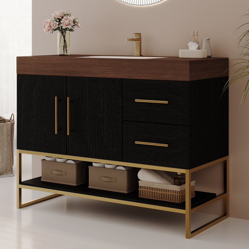 Meuble-lavabo autoportant moderne 36 po avec lavabo en céramique et plateau en pierre frittée 36 po - Meuble-lavabo noir et doré pour salle de bain