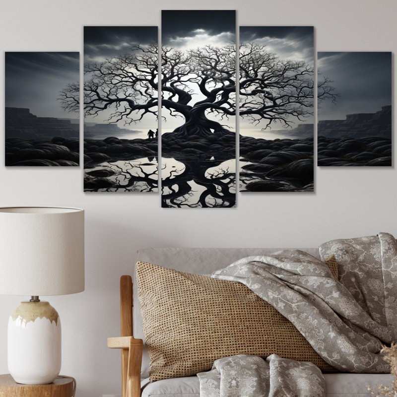 Arbre de contraste monochrome II - décoration murale florale - 5 panneaux