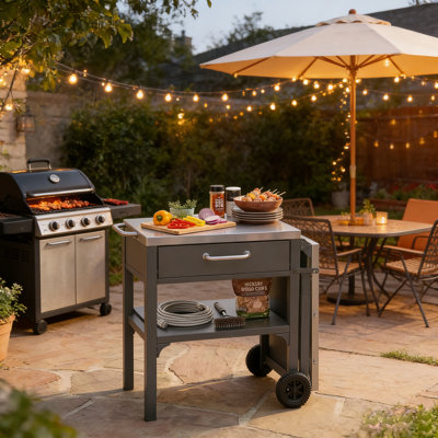 Foldable Stainless Steel Outdoor Prep Station & Portable Grill Cart With Storage Drawer