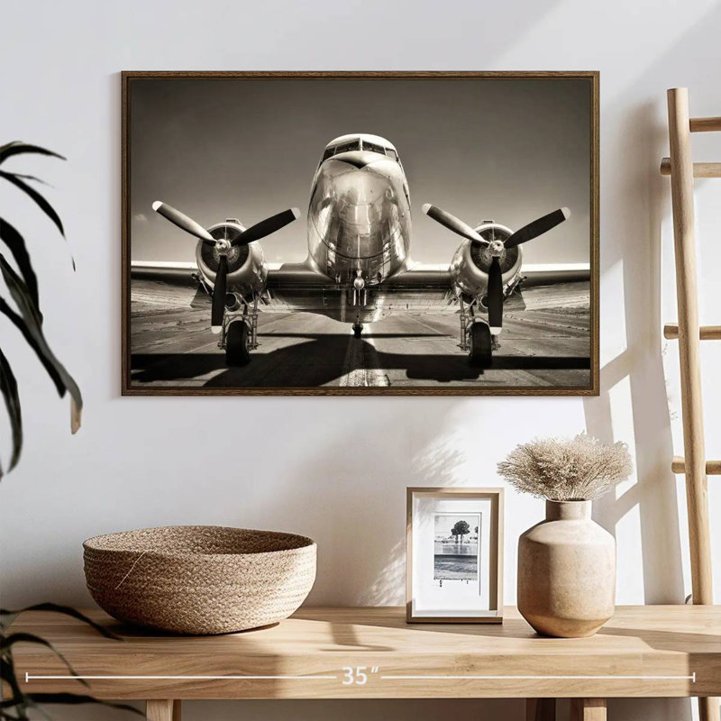 Avion rétro noir et blanc, 25 po x 17 po, Cadre flottant noyer