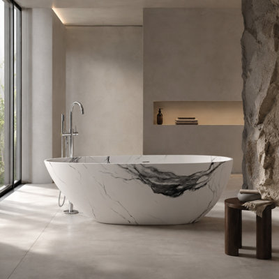67" Freestanding Solid Surface Soaking Bathtub, Black & Gold Veining Design, Modern Stone Resin Tub (TL1042-67MV)