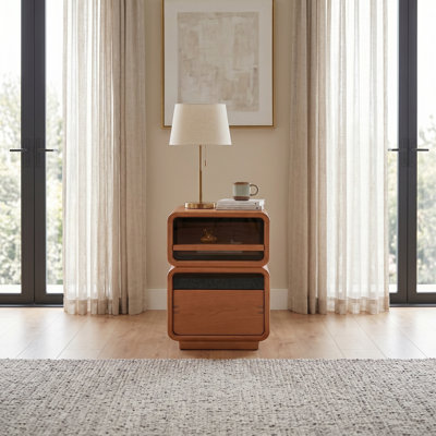 Table de chevet arrondie carrée en bois massif avec détails en verre noir, table d'appoint empilable à 2 niveaux pour la chambre à coucher et le salon