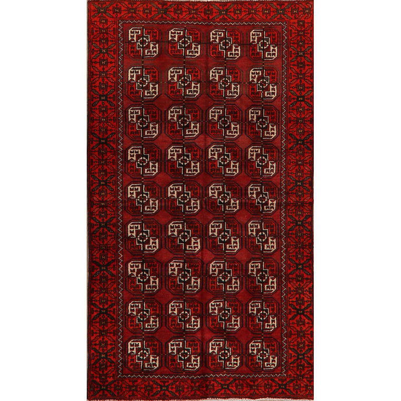 Tapis rouge Balouch en laine noué à la main de conception unique 3 pi 5 po x 5 pi 11 po Hamond