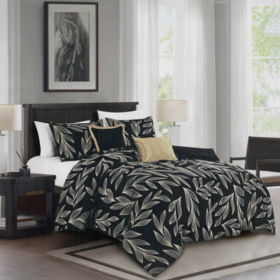 Ensemble d'édredon luxueux 5 pièces en jacquard noir et doré avec 1 édredon, 2 taies décoratives et 2 coussins décoratifs, grand