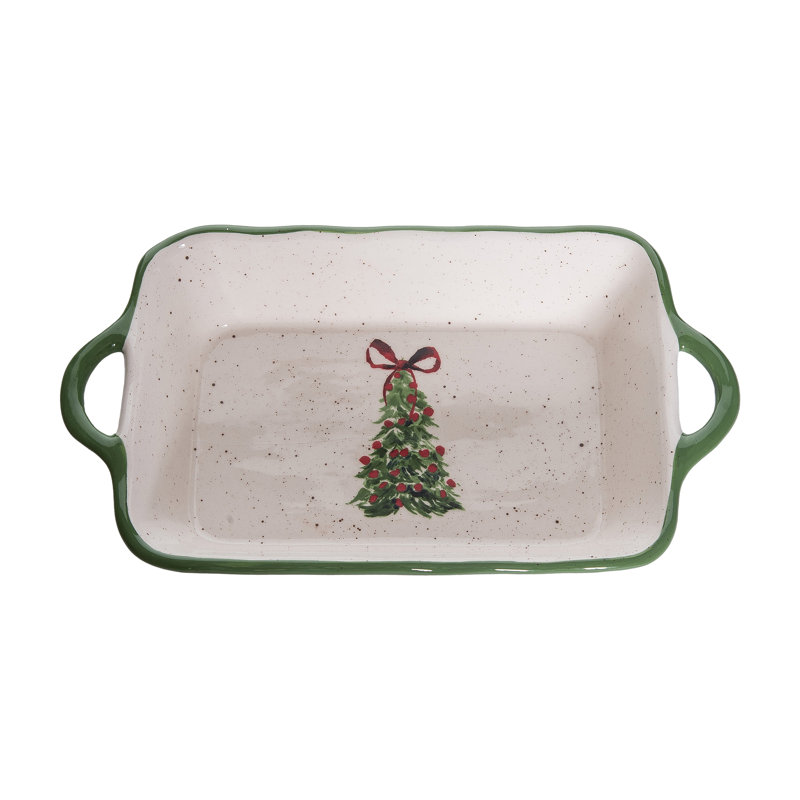 Boulanger oblong en céramique avec motif d'arbre - plat de cuisson multicolore pour Noël - parfait pour l'intérieur, la décoration de table, les cadeaux et les cadeaux d'hôtesse - idéal pour la cuisson et le service des Fêtes