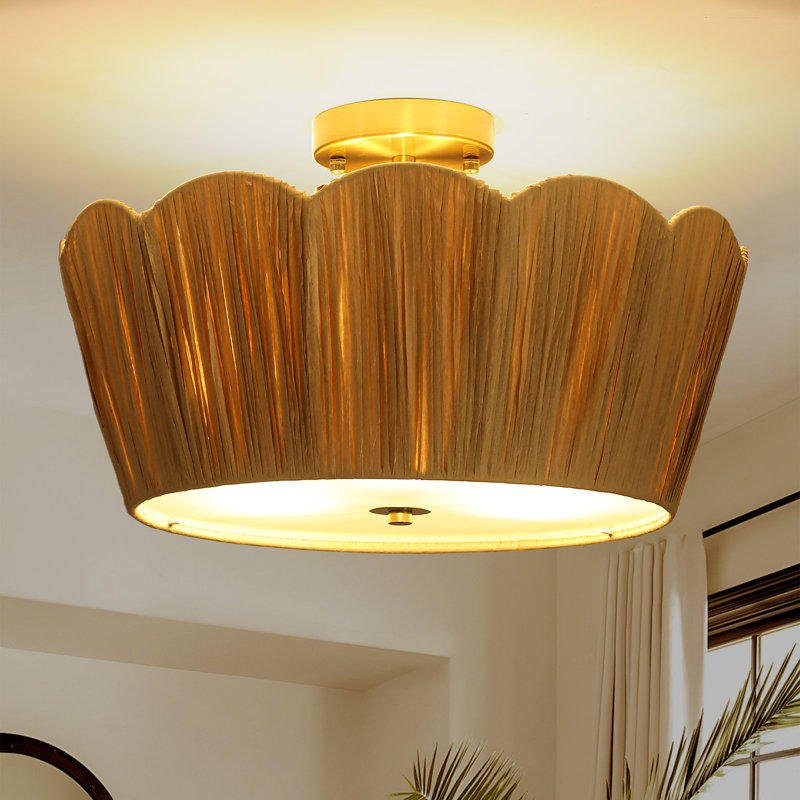 Bohemian 18.1" 3-Light Semi-Flush Mount Ceiling Light with Handwoven Raffia Shade for Bedroom, Dining Room, or Living Space