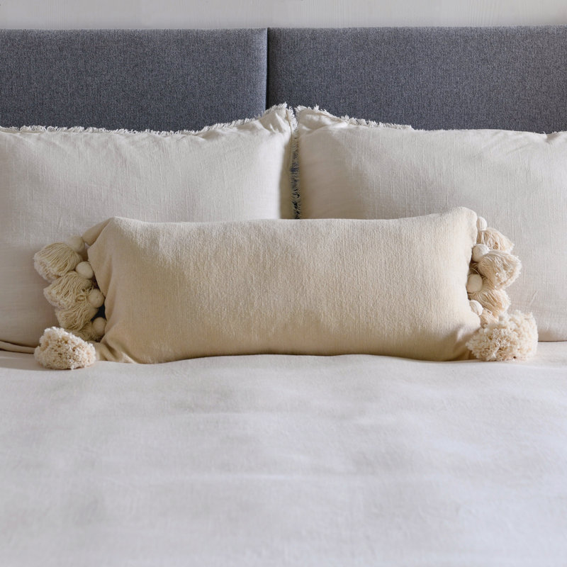 Tassels Cotton Reversible Throw Pillow, Cream, 14" x 20"