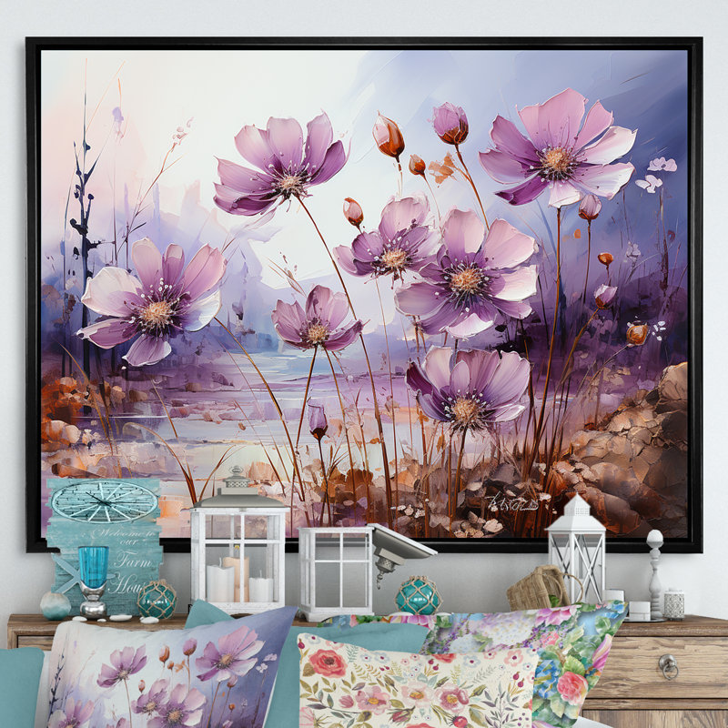 «Violets Flowers Country Charm» sur toile, Cadre flottant noir, H 24 po x l 32 po x P 1 po