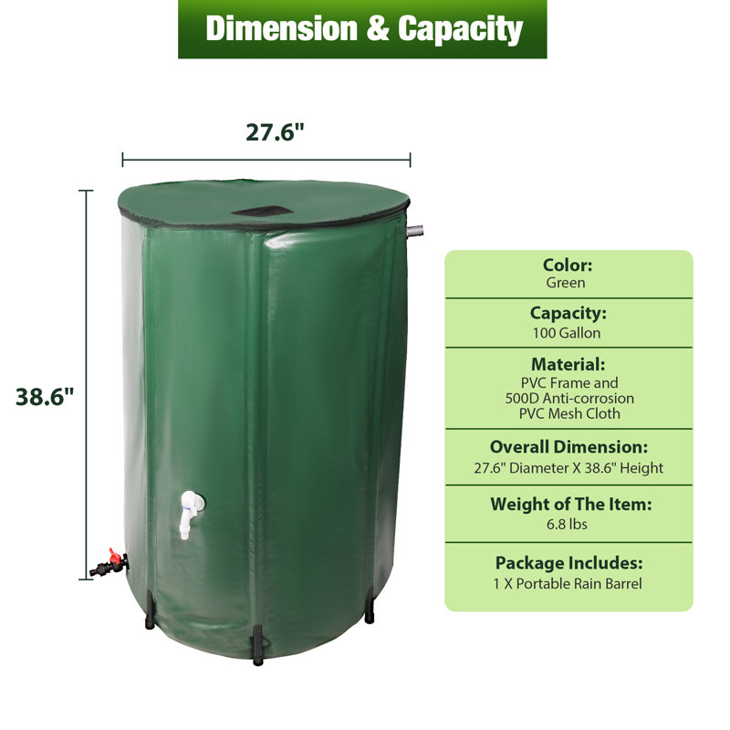 Green 100 Gallon Foldable PVC Rain Barrel