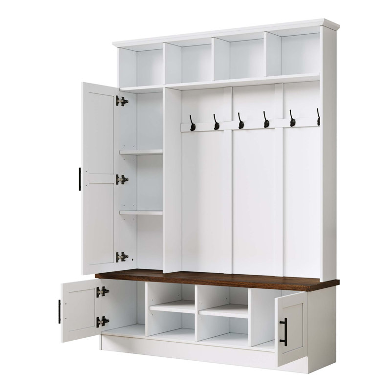 3-in-1 Hall Tree with 6 Hooks, Storage Bench, and Adjustable Shelves for Mudroom, Hallway, or Entryway Organization.