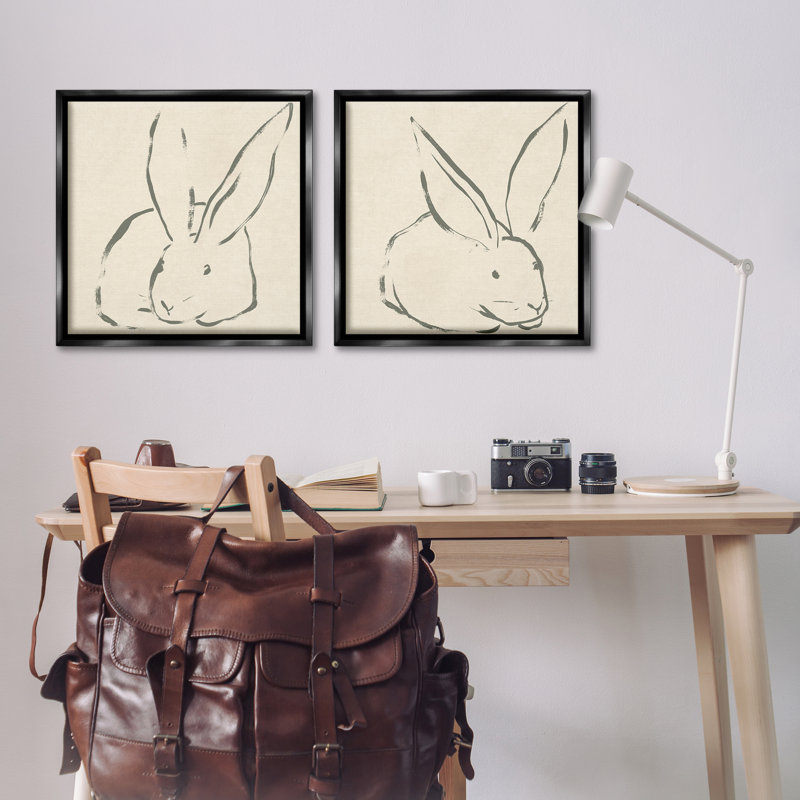«Minimalist Resting Rabbit», ensemble de 2 toiles flottantes encadrées par June Erica Vess, Cadre flottant noir de jais