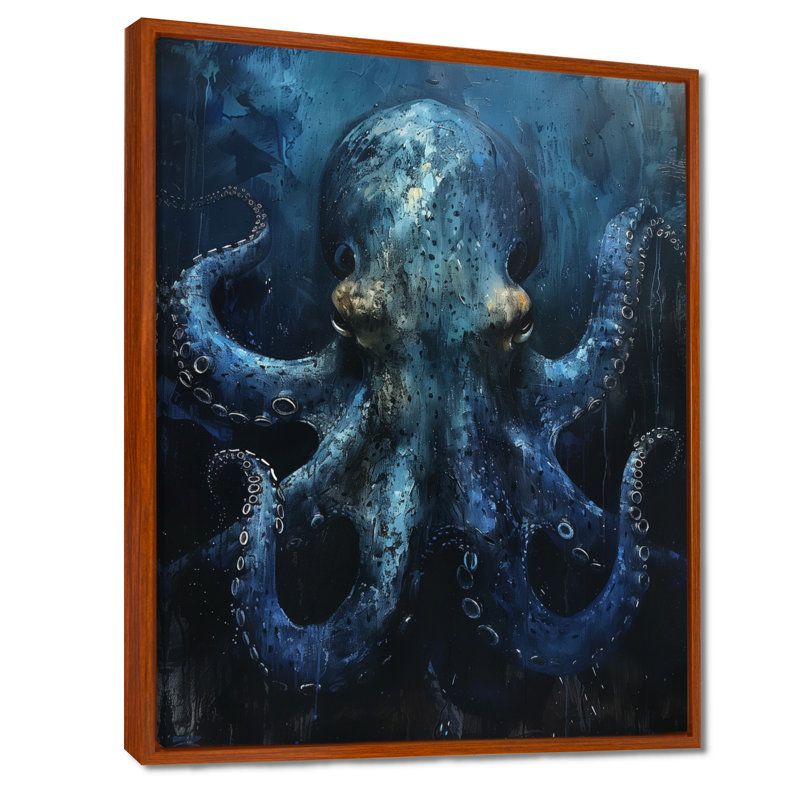 Bleu pieuvre géante créature - créatures marines, art mural salon, H 12 po x l 20 po, Cadre flottant brun