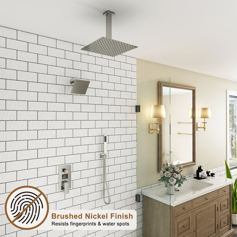 Brushed Nickel Rainfall Dual Shower Head System with Digital Display