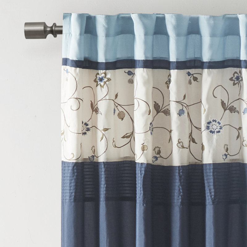 Navy Embroidered Light Filtering Pleated Curtain Panel