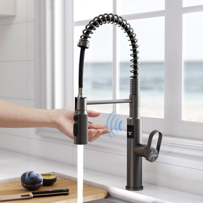 MASO Touchless Spring Kitchen Faucet with Pull-Down Sprayer, Fahrenheit Temperature Display, 3 Spray Modes, 360° Swivel, Single Handle for RV, Farmhouse, Camper, Laundry & Bar,Polished Chrome