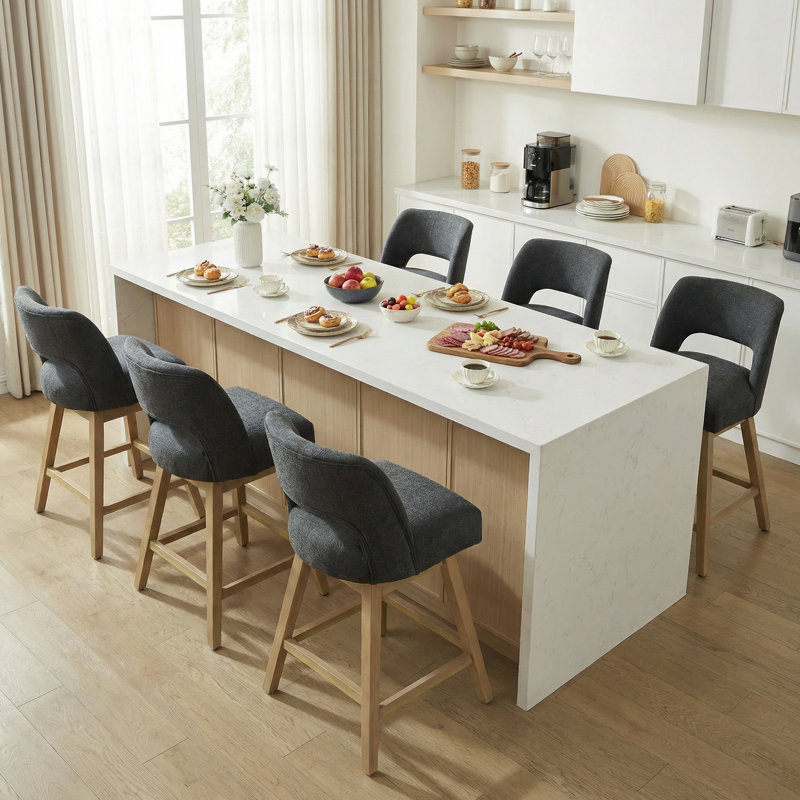 Ensemble de 6 tabourets de bar pivotants 27,1 po, assise rembourrée en polyester sur structure en bois massif, 6, Chêne clair