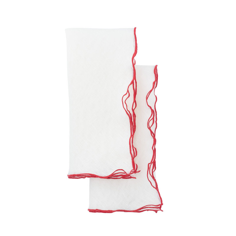 Orange Ruffled Edges 21" Linen Napkin, 4 Set, Off White/Red