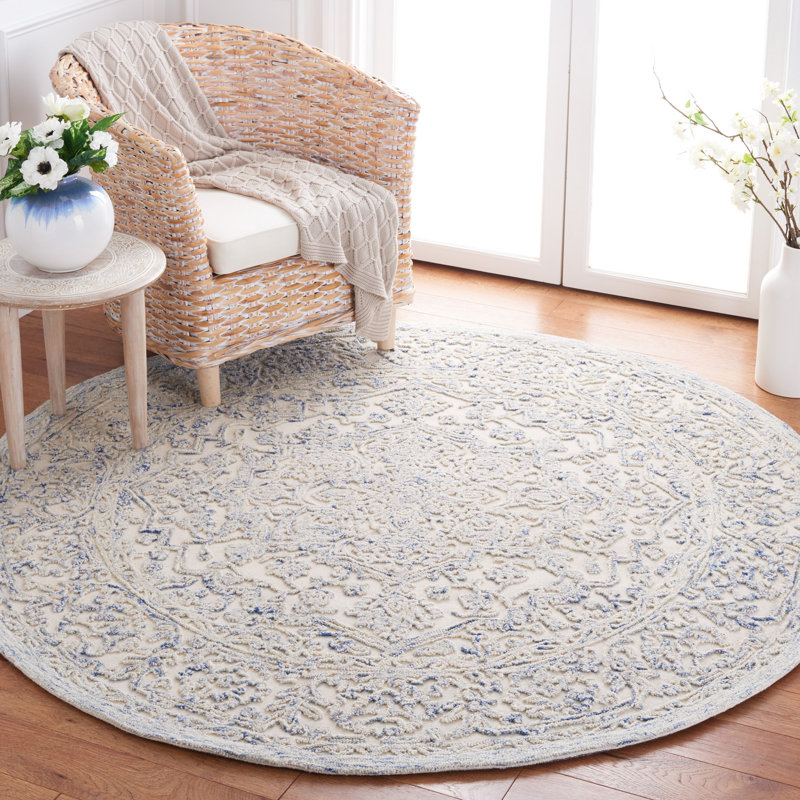 Tapis oriental en laine indienne touffeté à la main à motif de pochette MSR Trace Martha Stewart, Rond 6 po