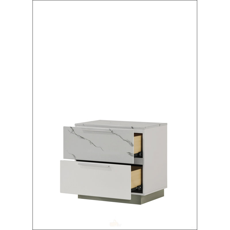 Mist Nightstand With Two-Tone High-Gloss Marble & Lacquer Finish, Two Drawers, Velvet-Lined Interior, And Compact Elegant Design