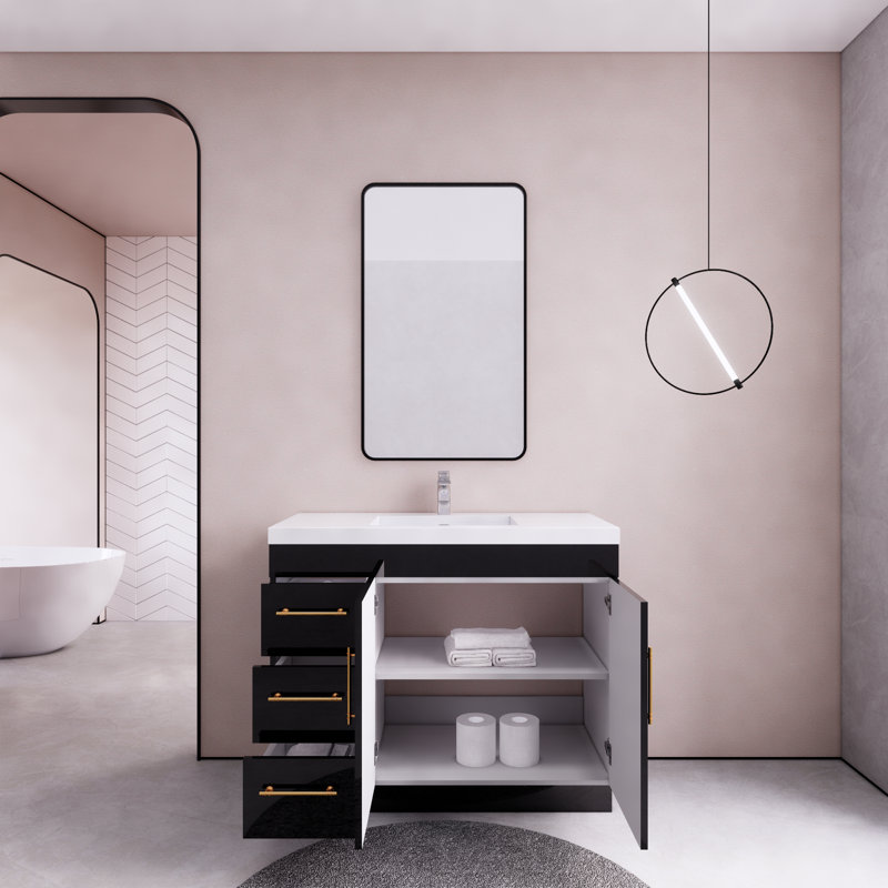 42'' Single Bathroom Vanity with Acrylic Top, Gloss Black