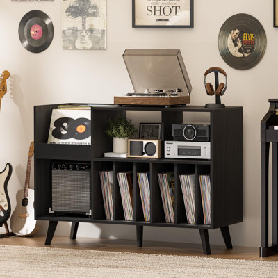 Meuble de platine vinyle de 48 pouces avec rangement pour 450 disques, étagères d'exposition et espace pour l'équipement audio.