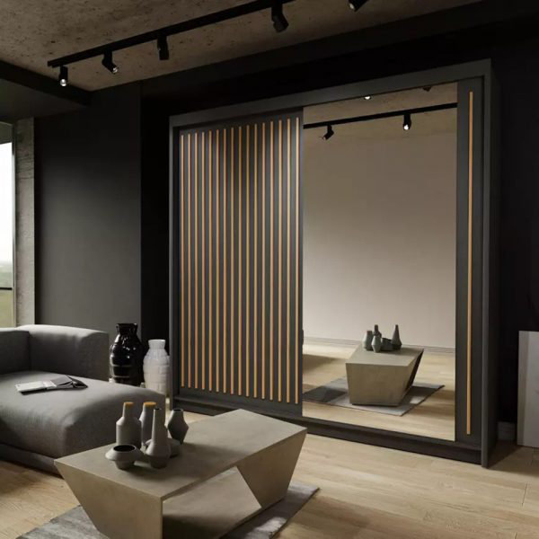 Moscow Sliding Wardrobe with Mirror Modern Bedroom Wardrobe 4 Colours 3 Sizes, 217cm H x 203cm W x 62cm D, Black