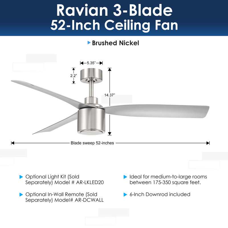 RAVIAN 52 inch 3-Blade Ceiling Fan With Remote (No Light), Brushed Nickel