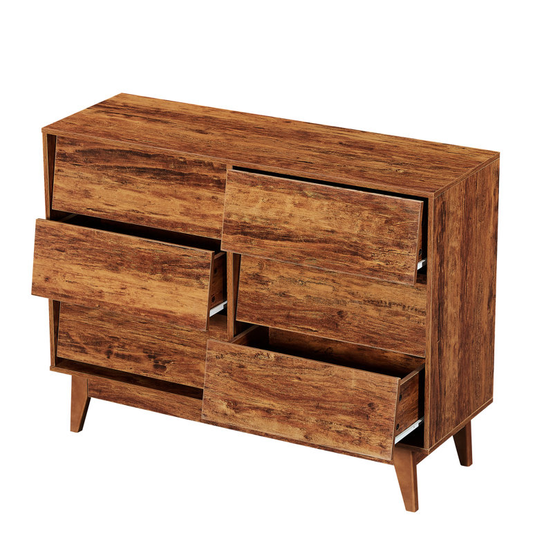Commode double 6 tiroirs, design rétro, brun biseauté, garde-robe de salon, rangement pour chambre de bébé