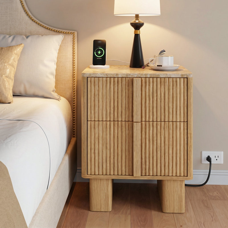 Table de chevet cannelée de 22 po avec station de charge intégrée, table de chevet à 2 tiroirs pour chambre à coucher et salon (ensemble de 2)