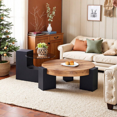 Double-Layer Round Coffee Table With Detachable L-Shaped Legs