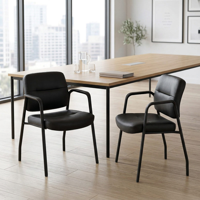 Set Of 2 Upholstered Reception Guest Waiting Room Chairs With Mixed PU Leather And Integrated Padded Armrests For Office Lobby Salon Public Rest Area