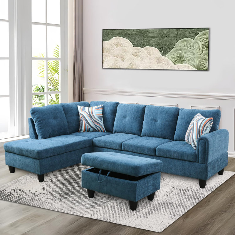3-Piece Flannel Sectional Sofa, Gray, Left Hand Facing