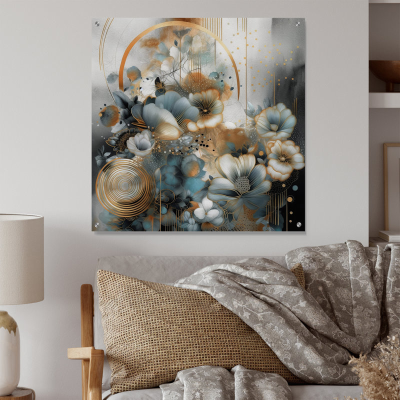 «Golden Blue Silky Flower Design II», art mural floral en acrylique, H 36 po x l 36 po