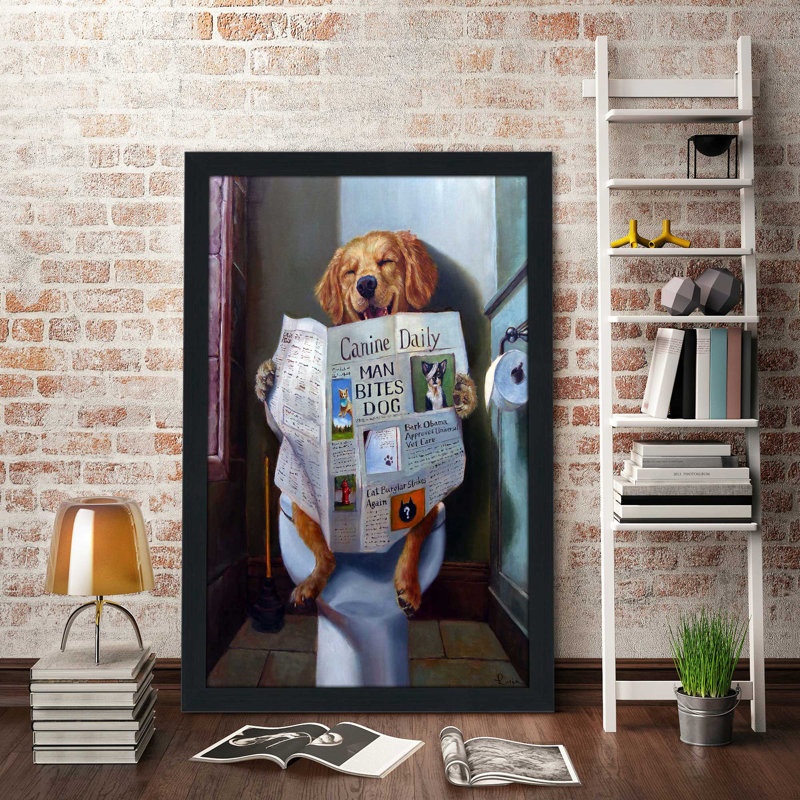 «Dog Gone Funny» par Lucia Heffernan - Peinture, H 49,5 po x l 33,5 po x P 1 po, Cadre espresso
