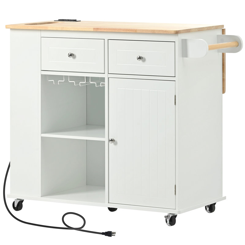 Îlot de cuisine avec prise de courant, îlot de rangement avec abattant et bois d'hévéa, rangement ouvert et support à vin, 5 roulettes, avec rangement réglable pour la maison, la cuisine et la salle à manger