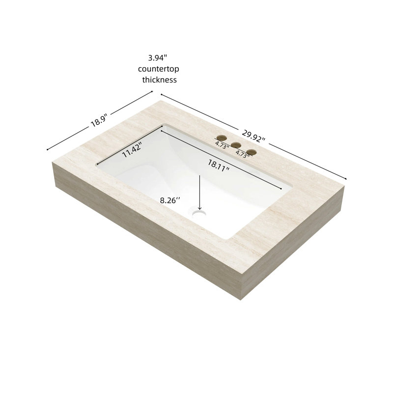 Comptoir en pierre frittée de 76 cm (30 po) avec lavabo encastré en céramique, trois trous prépercés pour robinetterie, poids de 21,7 kg (47,94 lb), hauteur de 21,2 cm (8,35 po), profondeur de 74,4 cm (29,3 po), largeur de 46,7 cm (18,4 po), couleur beige, profondeur et poids standard