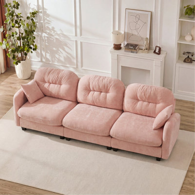 Canapé modulaire à trois places modulaires, mousse de haute densité en chenille douce, conception ergonomique plissée matelassée, accoudoirs élégants, base en bois de haute qualité, convient aux salons de chambre à coucher, rose