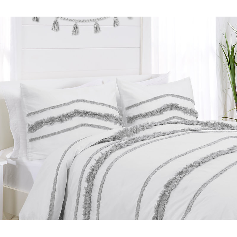 White and Gray Cotton Standard/Queen Boho Fringe Pillow Shams