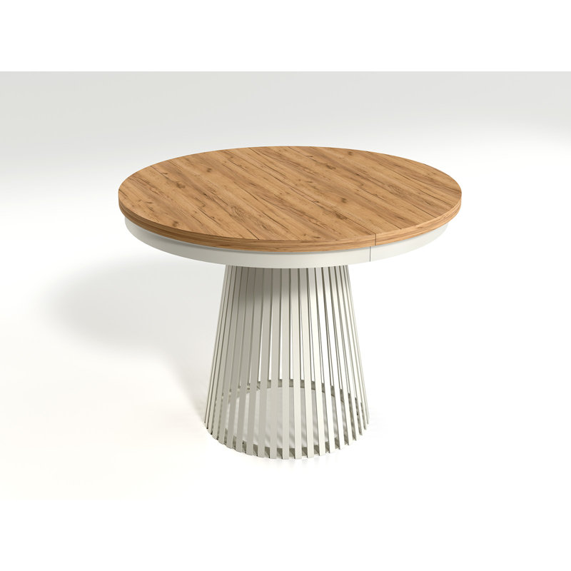 Extendable Round Metal Base Dining Table, Beige, Oak Wood