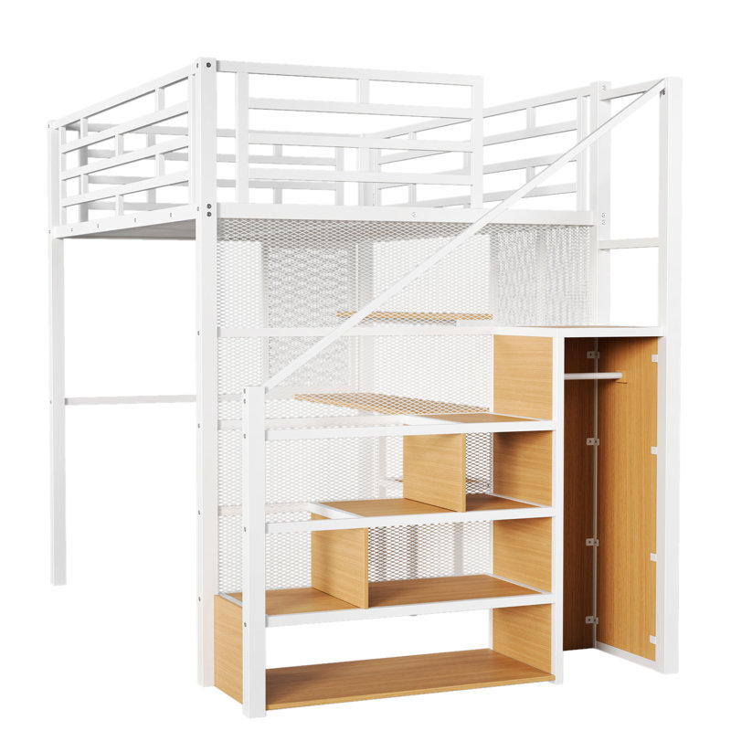 Lit mezzanine double en métal blanc avec garde-robe, bureau et tablettes de rangement pour économiser de l'espace, Blanc
