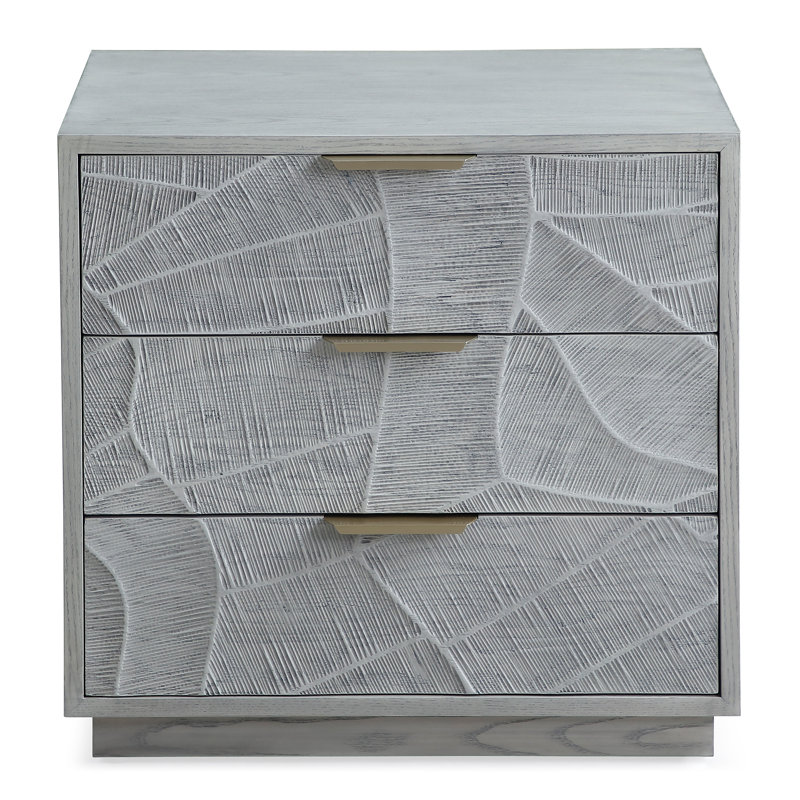Table de chevet à 3 tiroirs en chêne gris avec porte sculptée à la main et poignées en acier inoxydable, Gris