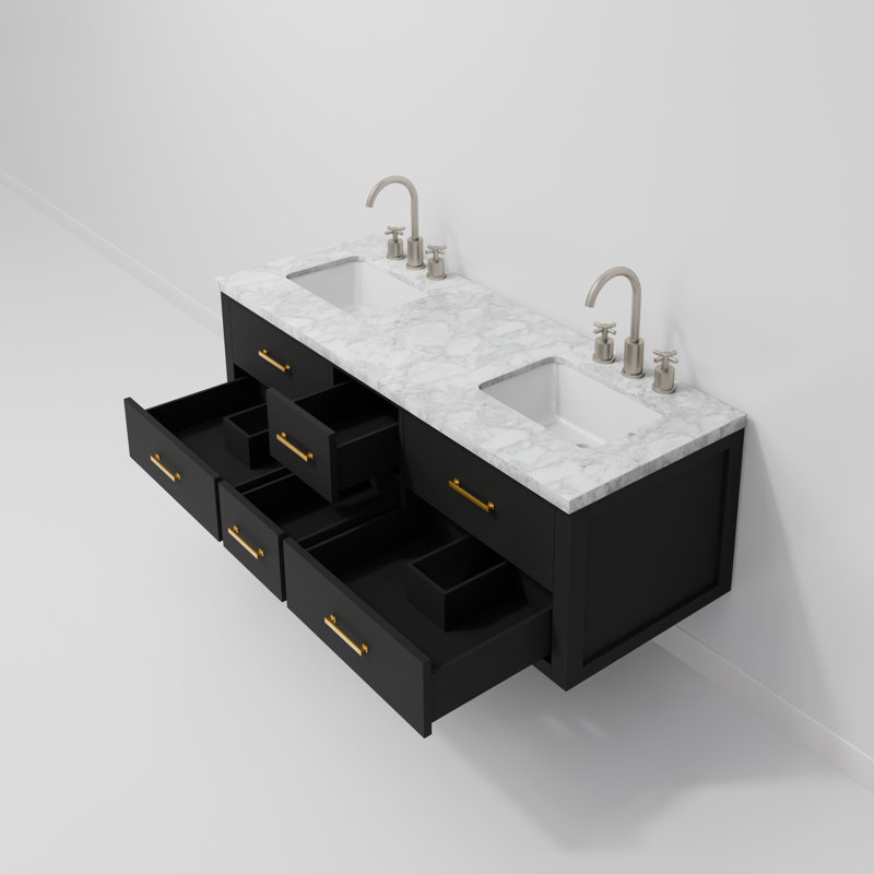 Ensemble de meuble-lavabo double 60 po, Noir, Marbre de Carrare blanc