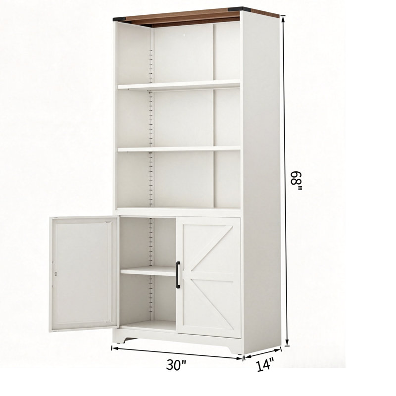 Armoire de rangement haute de style champêtre, bibliothèque autoportante de 173 cm avec étagères réglables et portes de style grange, vitrine en bois blanc pour salon, bureau à domicile, garde-manger de cuisine
