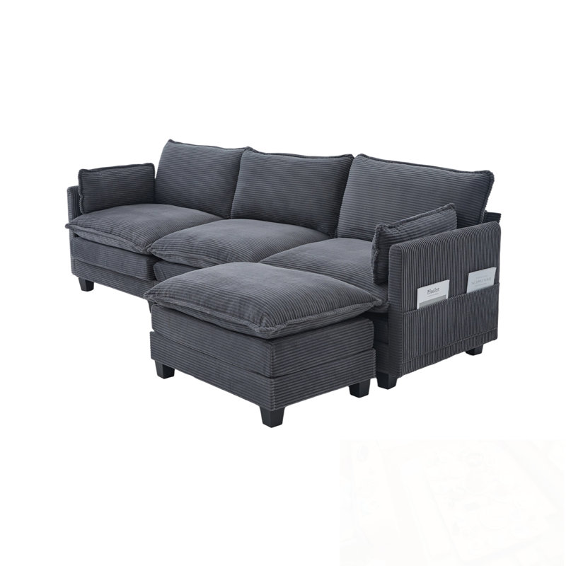 L Shaped Modular Sectional Sofa with Movable Ottoman and side pocket, Gray